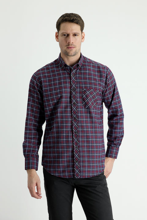 Koyu Bordo Uzun Kol Regular Fit Ekose Oduncu Pamuklu Gömlek