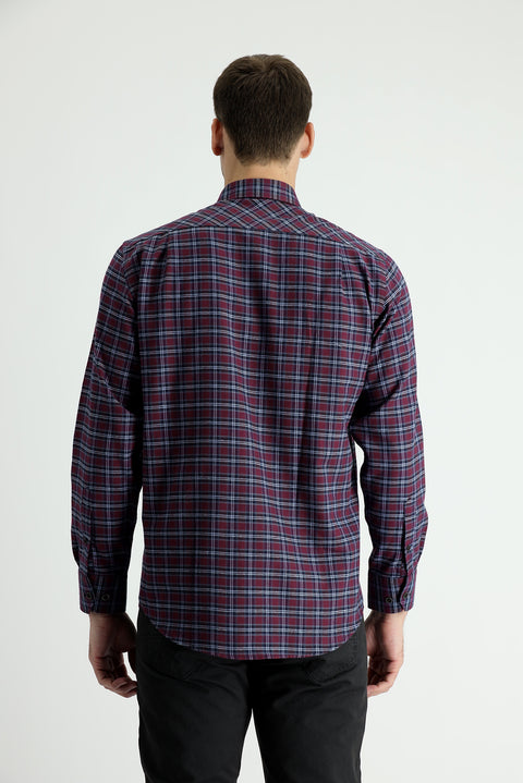 Koyu Bordo Uzun Kol Regular Fit Ekose Oduncu Pamuklu Gömlek