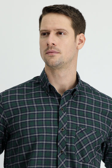 Koyu Yeşil Uzun Kol Regular Fit Ekose Oduncu Pamuklu Kolay Ütülenebilir Gömlek