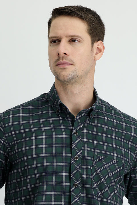 Koyu Yeşil Uzun Kol Regular Fit Ekose Oduncu Pamuklu Kolay Ütülenebilir Gömlek
