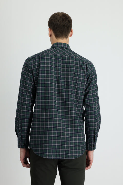 Koyu Yeşil Uzun Kol Regular Fit Ekose Oduncu Pamuklu Kolay Ütülenebilir Gömlek