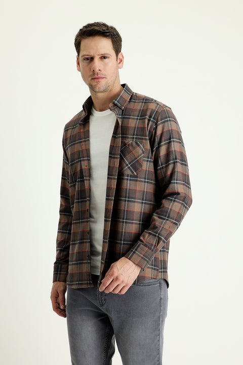 Orta Kahve Uzun Kol Regular Fit Ekose Oduncu Gömlek