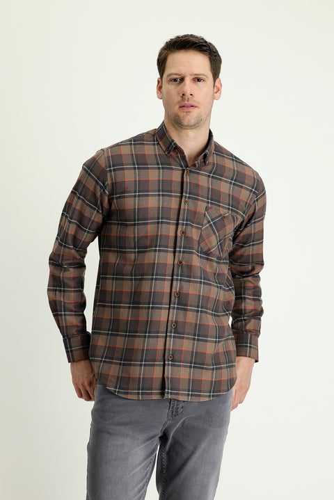 Orta Kahve Uzun Kol Regular Fit Ekose Oduncu Gömlek