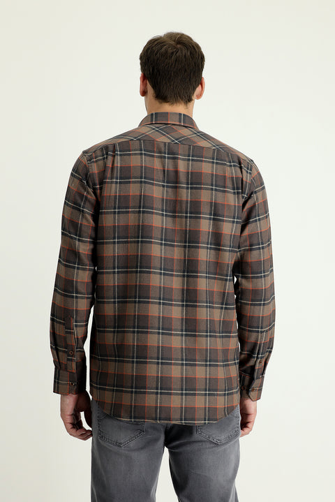 Orta Kahve Uzun Kol Regular Fit Ekose Oduncu Gömlek