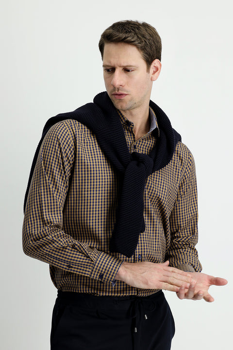 Dark Beige Long Sleeve Regular Fit Plaid Shirt