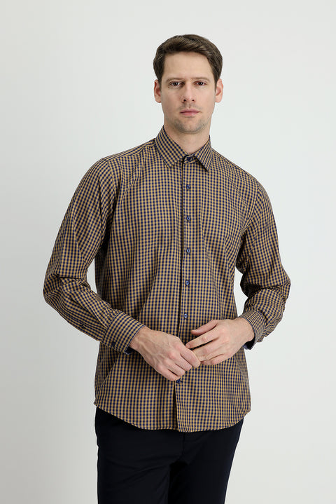 Dark Beige Long Sleeve Regular Fit Plaid Shirt