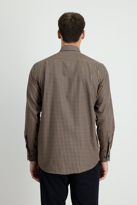 Dark Beige Long Sleeve Regular Fit Plaid Shirt