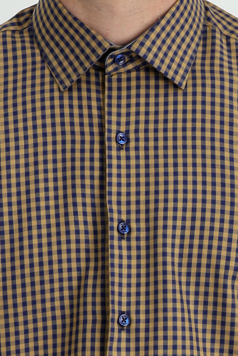 Dark Beige Long Sleeve Regular Fit Plaid Shirt
