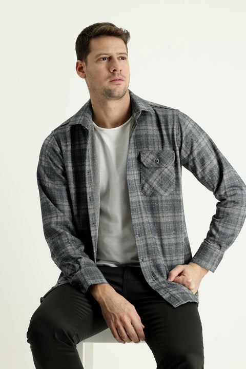 Aviator Blue Long Sleeve Regular Fit Plaid Shacket Lumberjack Shirt