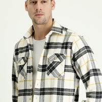 Ekru Uzun Kol Regular Fit Ekose Shacket Oduncu Gömlek