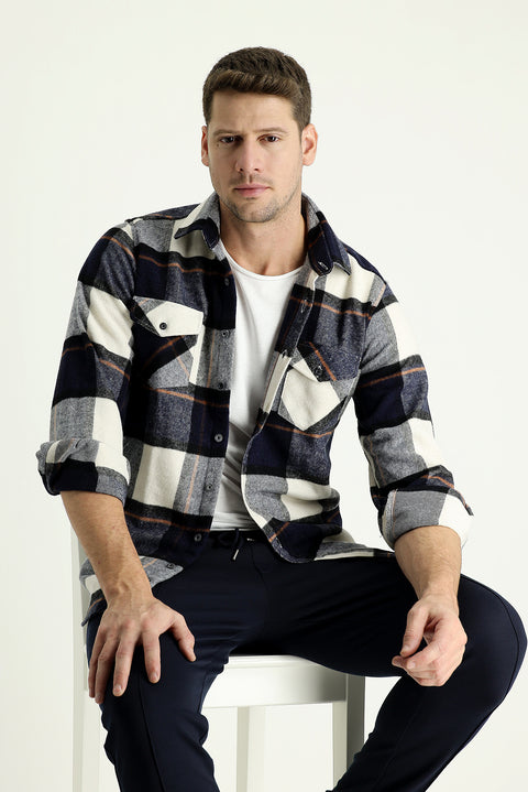 Orta Lacivert Uzun Kol Ekose Shacket Oduncu Gömlek