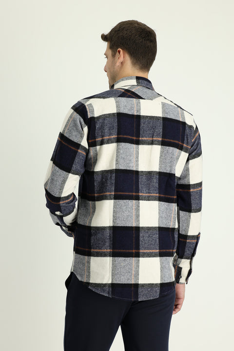 Orta Lacivert Uzun Kol Ekose Shacket Oduncu Gömlek