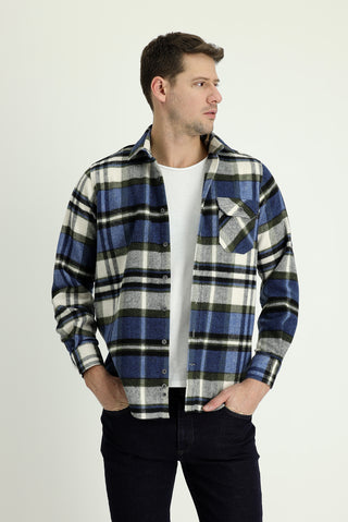  Koyu Mavi  Uzun Kol Regular Fit Ekose Shacket Oduncu Gömlek
