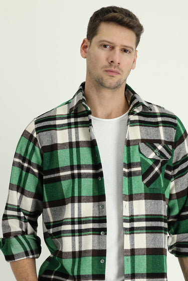 Çimen Yeşili Uzun Kol Regular Fit Ekose Shacket Oduncu Gömlek