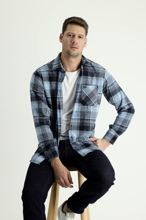 Mavi Uzun Kol Regular Fit Ekose Shacket Oduncu Pamuklu Gömlek