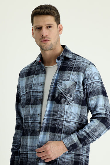Mavi Uzun Kol Regular Fit Ekose Shacket Oduncu Gömlek