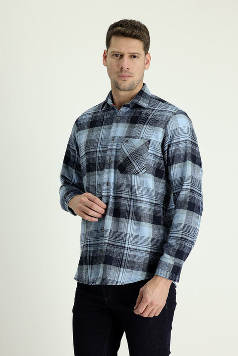 Mavi Uzun Kol Regular Fit Ekose Shacket Oduncu Pamuklu Gömlek