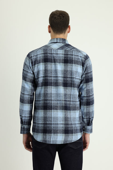 Mavi Uzun Kol Regular Fit Ekose Shacket Oduncu Pamuklu Gömlek