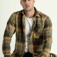 Koyu Bej Uzun Kol Regular Fit Ekose Shacket Oduncu Gömlek