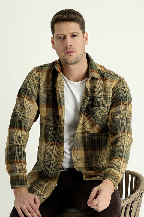 Koyu Bej Uzun Kol Regular Fit Ekose Shacket Oduncu Gömlek