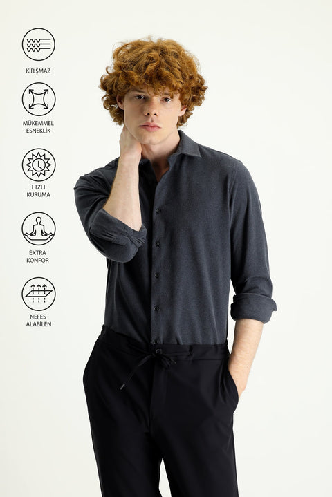 Medium Gray Techno-Line Long Sleeve Slim Fit Narrow Cut Sport Knit Shirt
