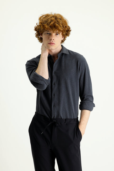 Medium Gray Techno-Line Long Sleeve Slim Fit Narrow Cut Sport Knit Shirt