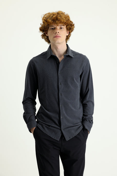 Medium Gray Techno-Line Long Sleeve Slim Fit Narrow Cut Sport Knit Shirt
