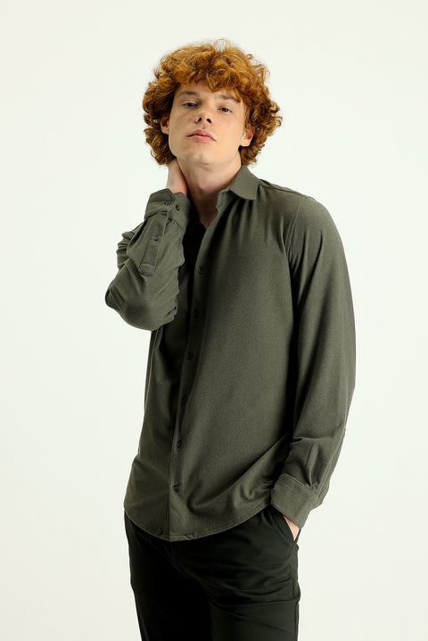 Yağ Yeşili-Olive Techno-Line Uzun Kol Slim Fit Dar Kesim Spor Örme Gömlek