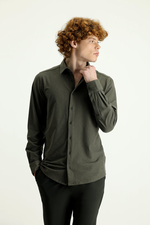 Yağ Yeşili-Olive Techno-Line Uzun Kol Slim Fit Dar Kesim Spor Örme Gömlek