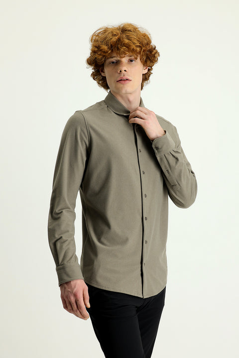 Açık Vizon Techno-Line Uzun Kol Slim Fit Dar Kesim Spor Örme Gömlek