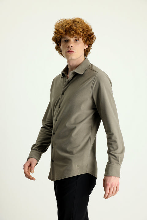 Açık Vizon Techno-Line Uzun Kol Slim Fit Dar Kesim Spor Örme Gömlek