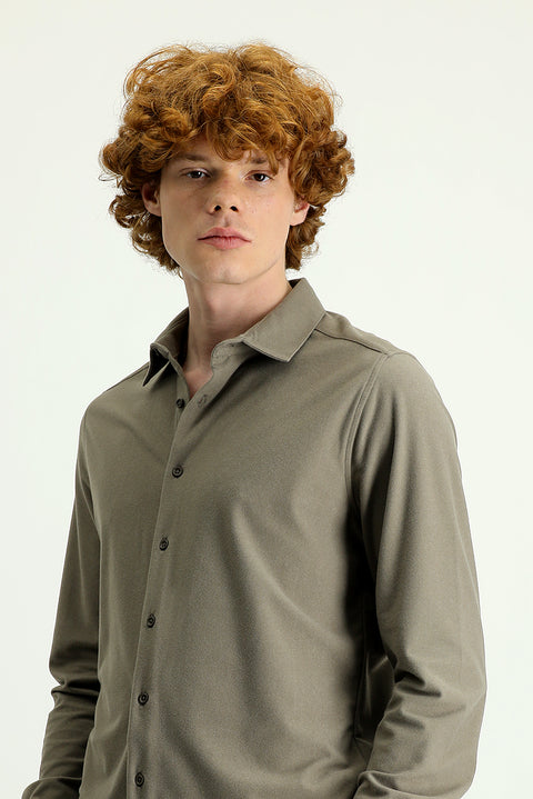 Açık Vizon Techno-Line Uzun Kol Slim Fit Dar Kesim Spor Örme Gömlek