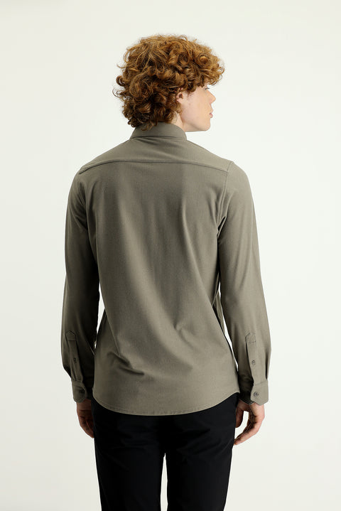 Açık Vizon Techno-Line Uzun Kol Slim Fit Dar Kesim Spor Örme Gömlek