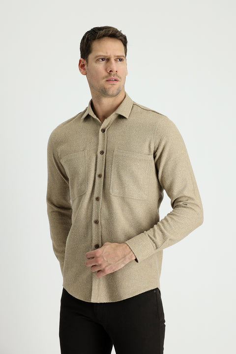 Orta Bej Uzun Kol Slim Fit Dar Kesim Oduncu Spor Pamuklu Gömlek