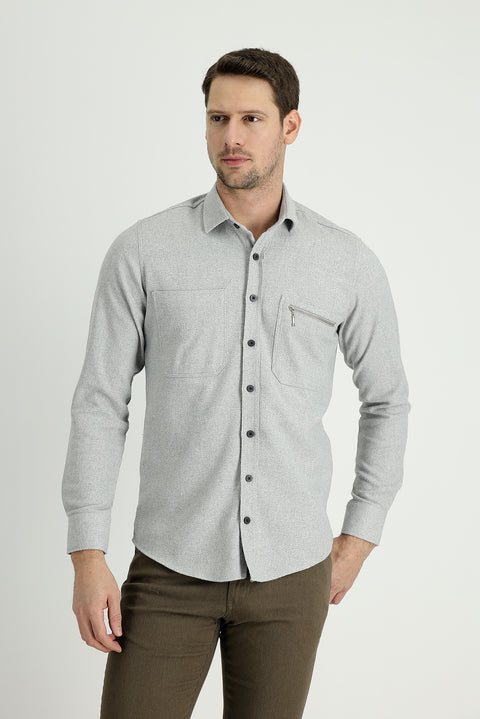 Orta Gri Uzun Kol Slim Fit Dar Kesim Oduncu Spor Pamuklu Gömlek
