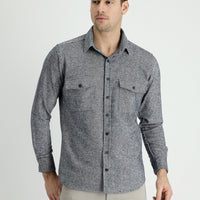 Koyu Lacivert Uzun Kol Slim Fit Dar Kesim Desenli Shacket Oduncu Pamuklu Gömlek