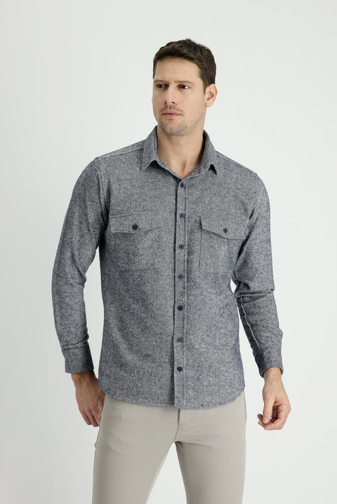 Koyu Lacivert Uzun Kol Slim Fit Dar Kesim Desenli Shacket Oduncu Pamuklu Gömlek