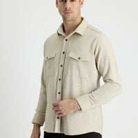 Açık Bej Uzun Kol Slim Fit Dar Kesim Desenli Shacket Oduncu Gömlek