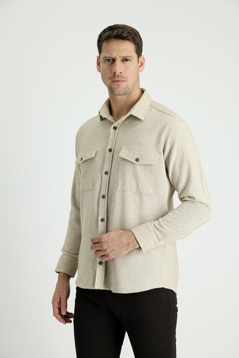 Açık Bej Uzun Kol Slim Fit Dar Kesim Desenli Shacket Oduncu Pamuklu Gömlek