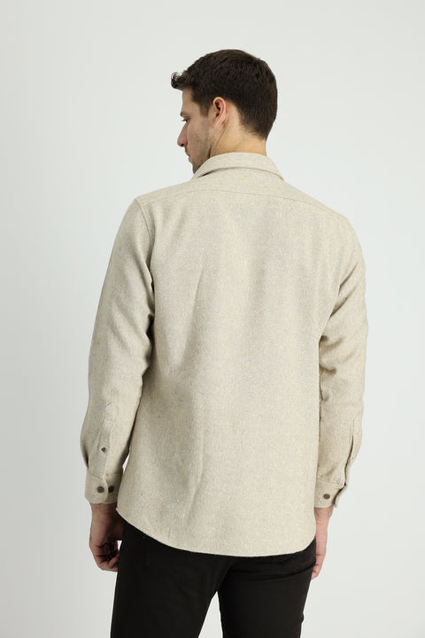 Açık Bej Uzun Kol Slim Fit Dar Kesim Desenli Shacket Oduncu Pamuklu Gömlek