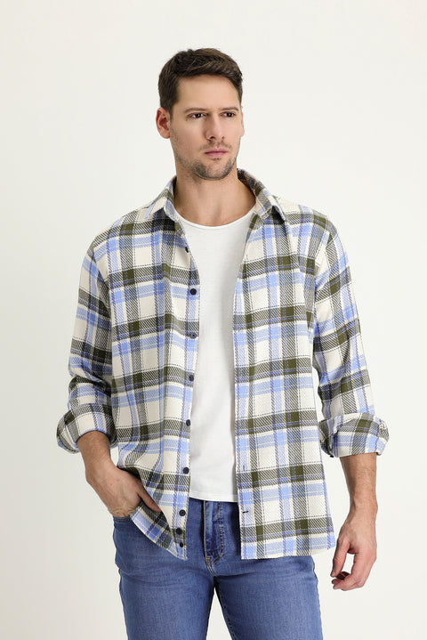 Açık Mavi Uzun Kol Slim Fit Dar Kesim Ekose Shacket Oduncu Pamuk Gömlek