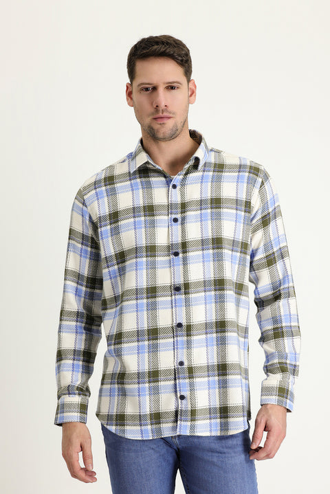 Açık Mavi Uzun Kol Slim Fit Dar Kesim Ekose Shacket Oduncu Pamuk Gömlek