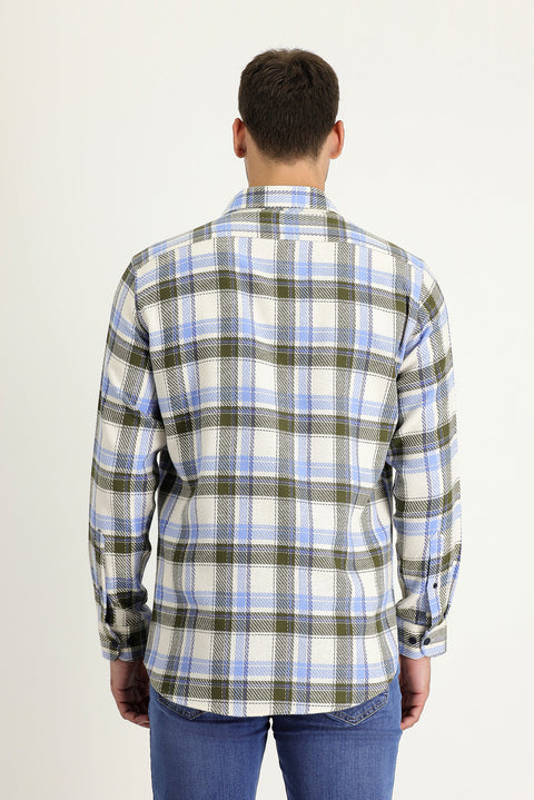 Açık Mavi Uzun Kol Slim Fit Dar Kesim Ekose Shacket Oduncu Pamuk Gömlek