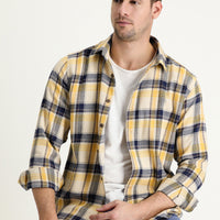 Hardal Uzun Kol Slim Fit Dar Kesim Ekose Shacket Oduncu Pamuk Gömlek