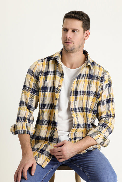 Hardal Uzun Kol Slim Fit Dar Kesim Ekose Shacket Oduncu Pamuk Gömlek