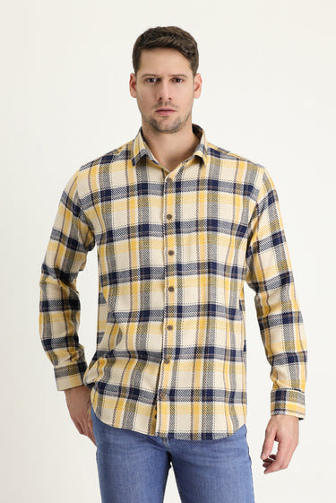 Hardal Uzun Kol Slim Fit Dar Kesim Ekose Shacket Oduncu Pamuk Gömlek