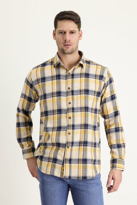 Hardal Uzun Kol Slim Fit Dar Kesim Ekose Shacket Oduncu Pamuk Gömlek