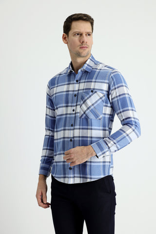  Havacı Mavi Uzun Kol Slim Fit Dar Kesim Ekose Oduncu Pamuklu Gömlek