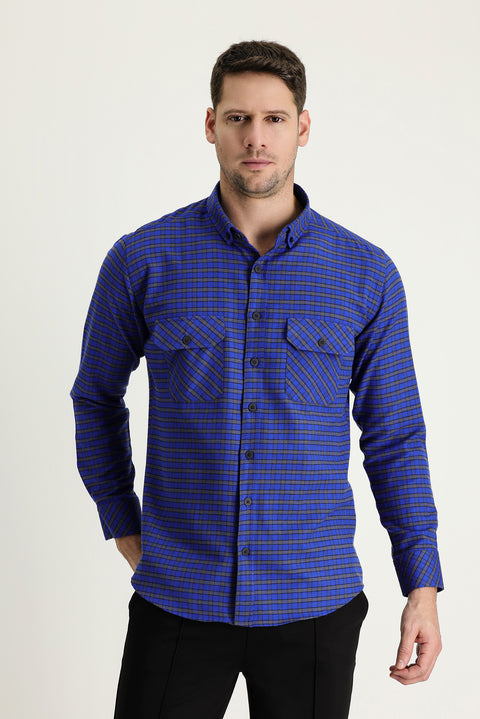 Navy Blue Long Sleeve Slim Fit Narrow Cut Plaid Shacket Lumberjack Cotton Shirt