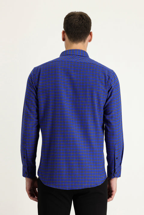 Navy Blue Long Sleeve Slim Fit Narrow Cut Plaid Shacket Lumberjack Cotton Shirt